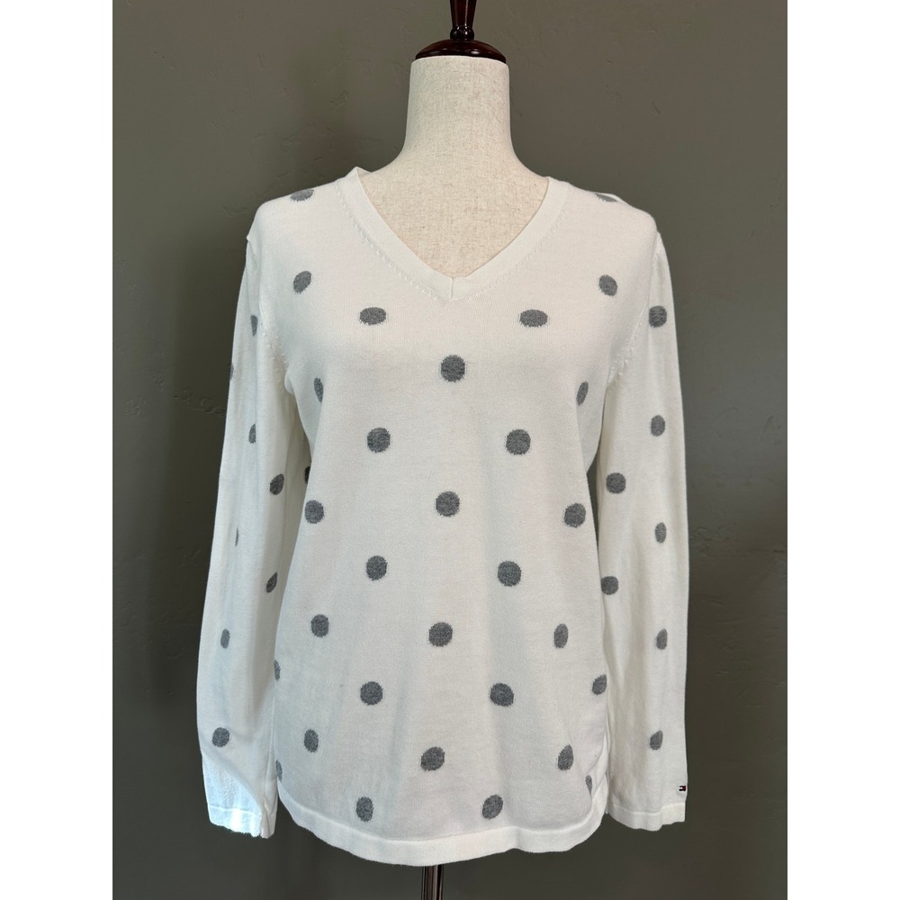 Tommy Hilfiger V-neck 100% Cotton Sweater‎ White Grey Polka Dots Medium Preppy